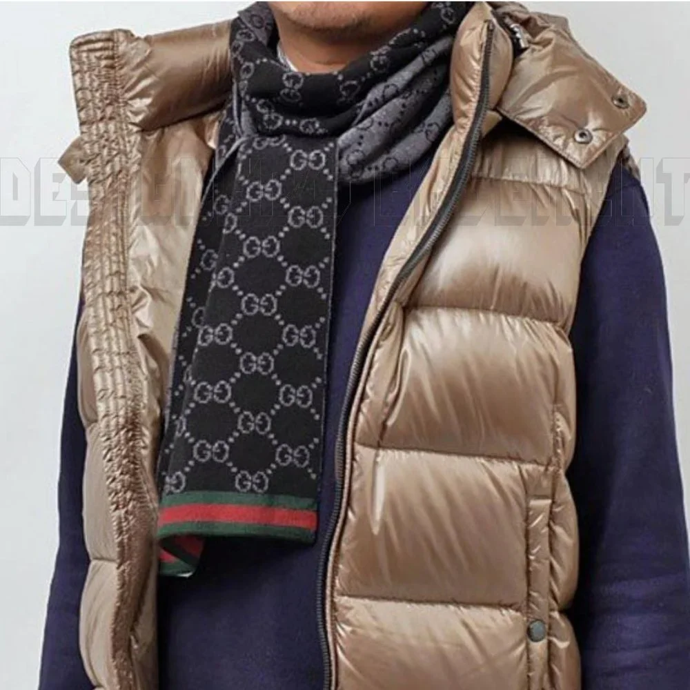 GUCCI black /gray SOLANGE Original GG red & green WEB wool reversible long scarf